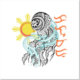 Tribal line Art Jellyfish / Baybayin word Kalmado (Calm) Posters and Art